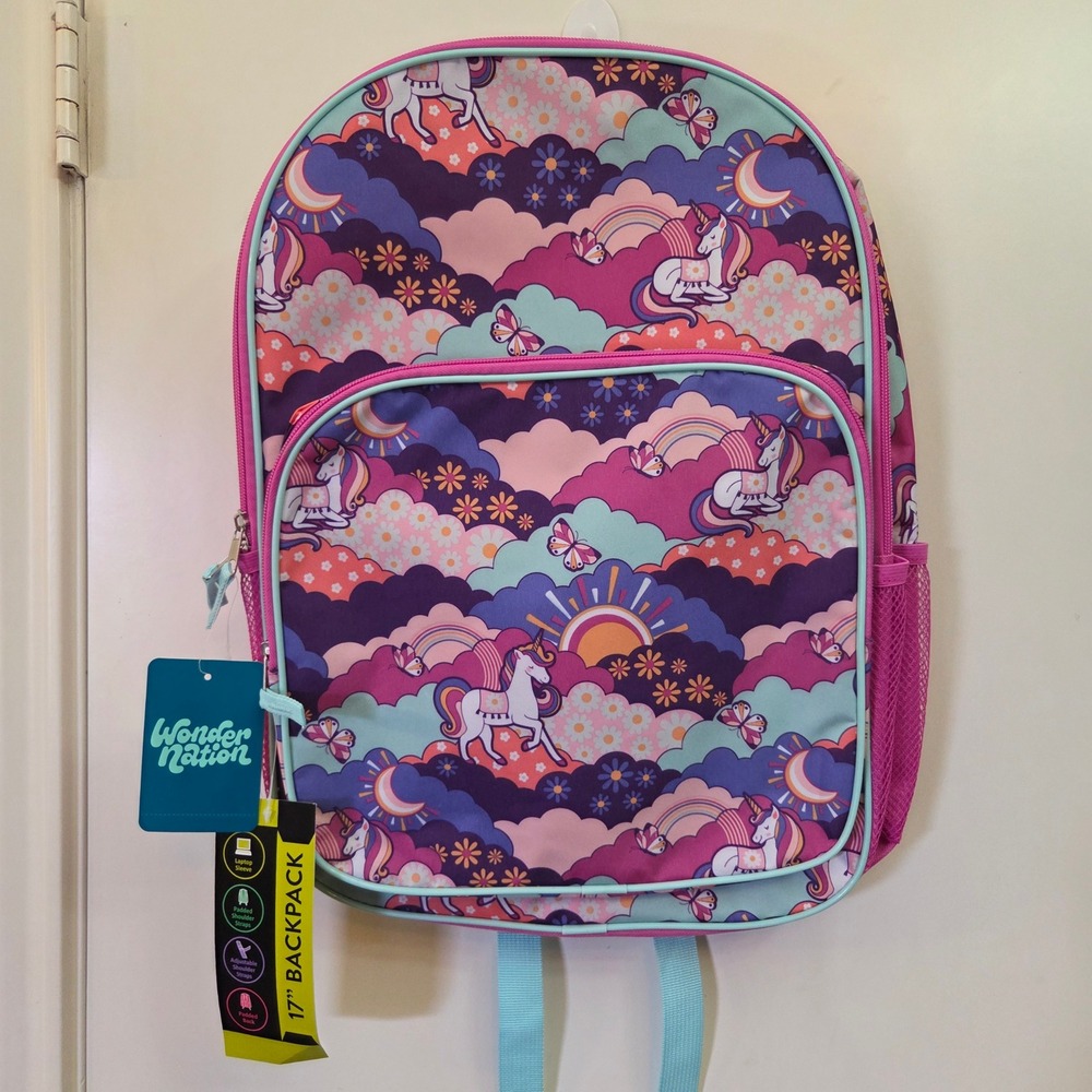 Wonder Nation 17 Inch Backpack Unicorn Rainbow Purple Pink Kids School Bag NWT